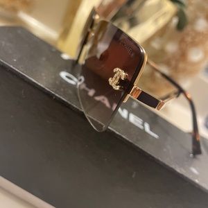 CHANEL BROWN RHINESTONE LOGO RECTANGLE SUNGLASSES
